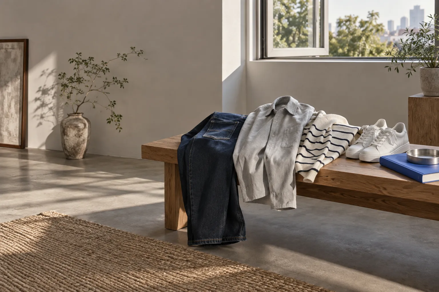 AI-generated editorial reference for Denim, then one easy layer