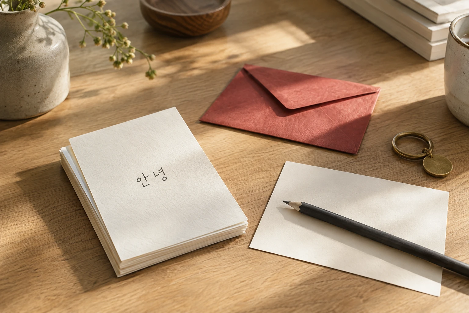 AI-generated ultra-photorealistic still life of a handwritten Korean greeting, blank postcard, pencil and red envelope on a sunlit desk; not the selected products or an event photograph.