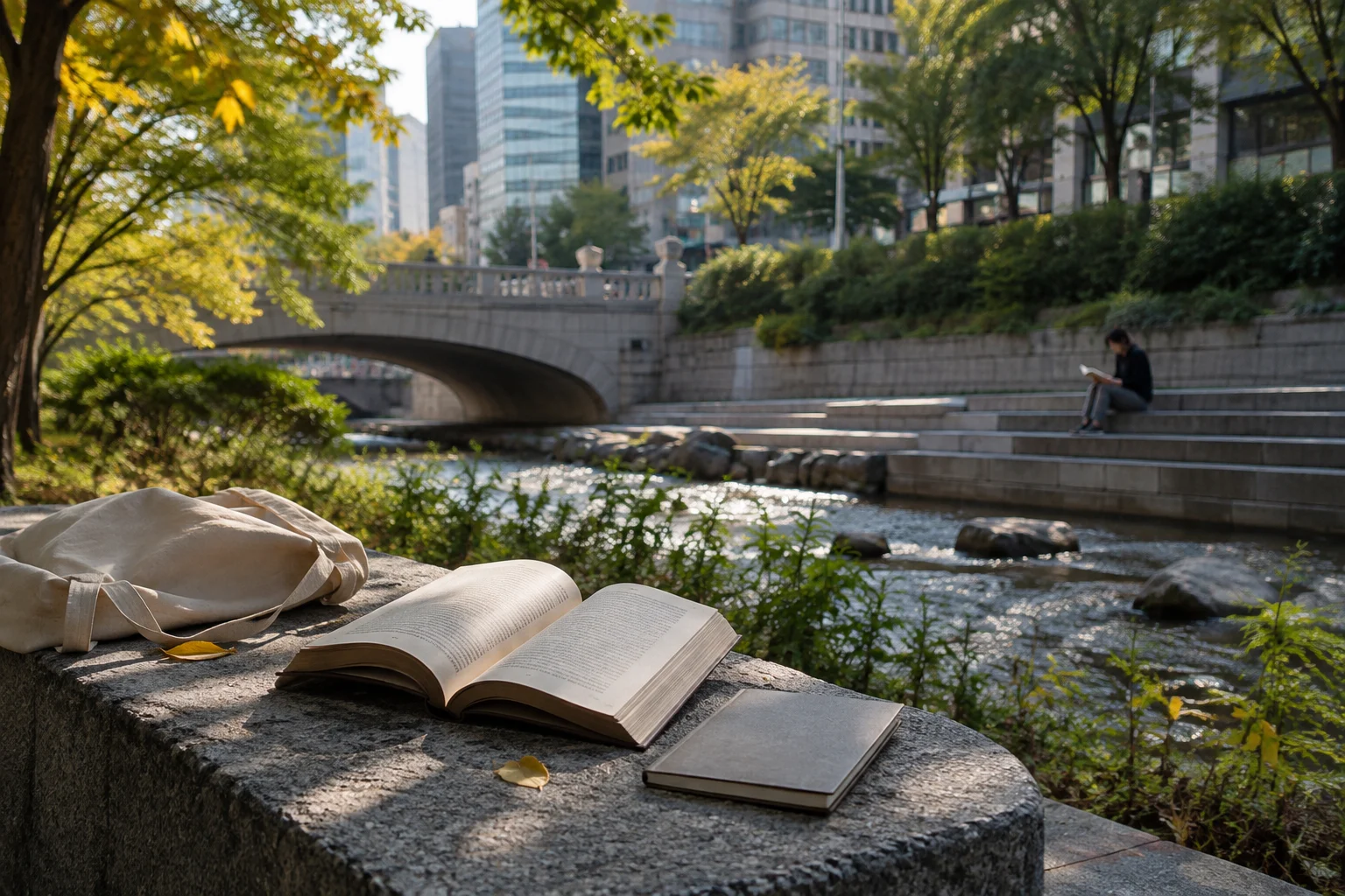 AI-generated ultra-photorealistic scene of an open book, notebook and unbranded bag beside a Seoul-inspired stream; not an actual venue or product photograph.
