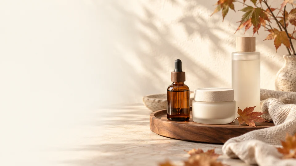 AI-generated autumn skincare styling inspiration with amber glass and warm linen