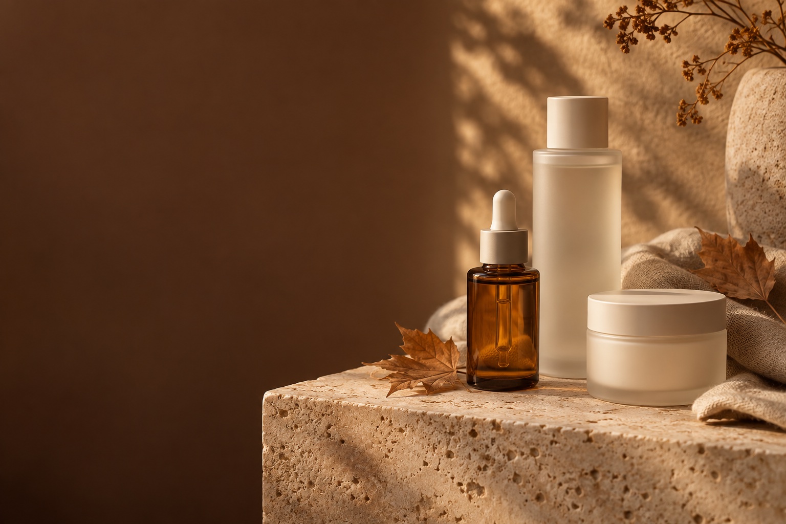 Autumn skincare still life with amber glass, cream jars and warm linen